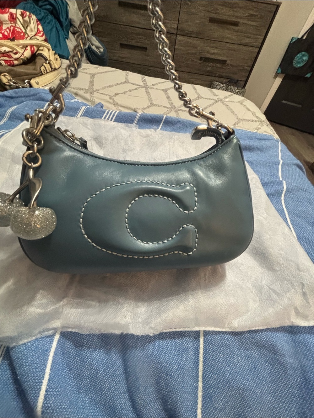 Coach blue  Leather Mini Shoulder Bag with Chain Strap